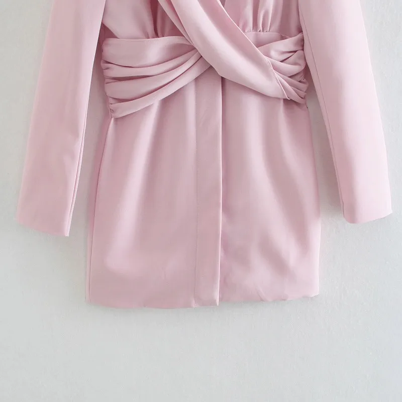 

Alldoke Woman Pink Summer Dress Women Deep V-neck Puff Sleeve Office Lady Mini Dresses De Mujer Casual High Waist Bow Dress 2021