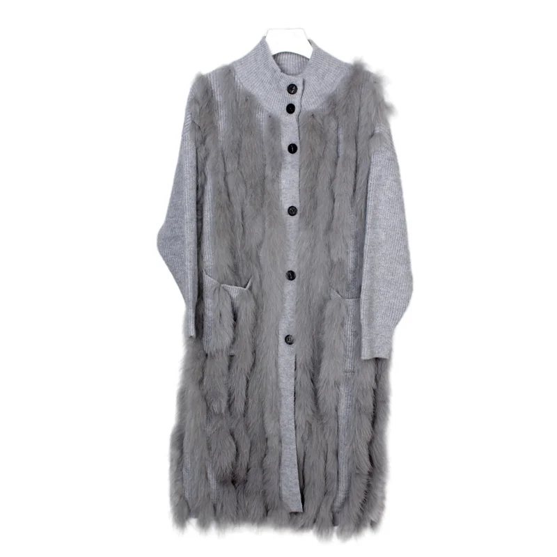 

Женский вязаный кардиган с длинным рукавом, свободное приталенное шерстяное пальто из натурального Лисьего меха, Осень-зима