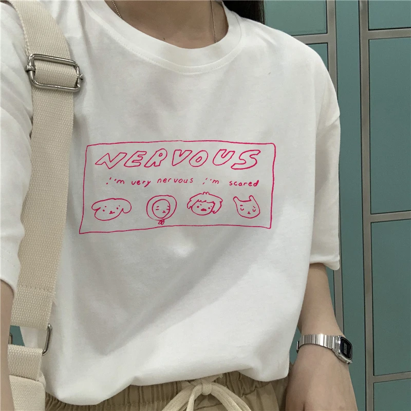 Нервной рисунок с милым принтом Забавные футболки Tumblr Harajuku Ulzzang в Корейском стиле