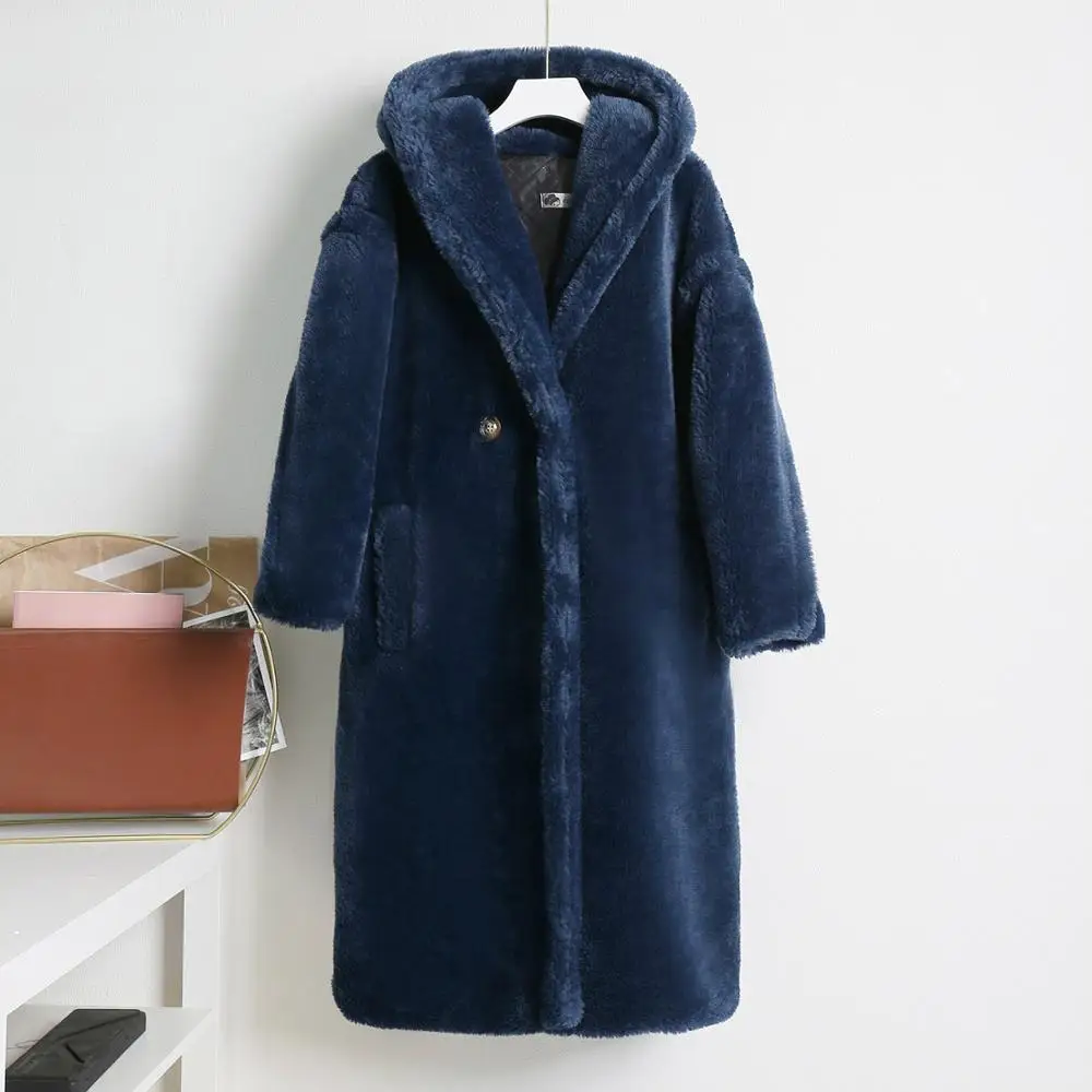 

Faux Fur Coat Women Winter High Quality Elegant Cashmere Oversize Hooded X-Long Teddy Coat Plush Thicken Warm Overcoat Female