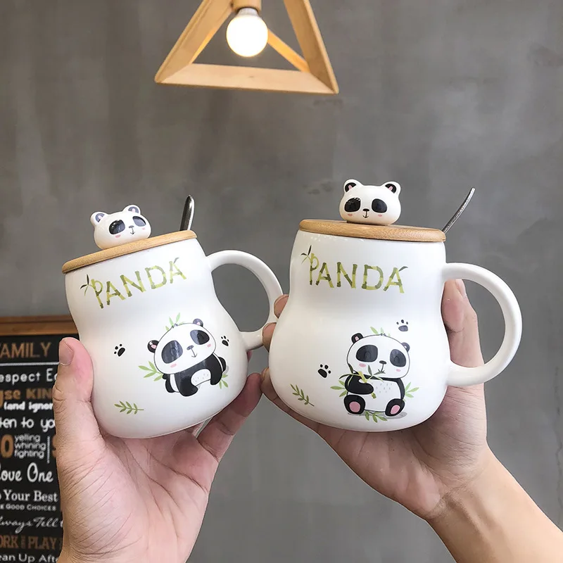 

400ML Creative Gourd Shape Ceramic Mugs Cute Cartoon Panda Milk Breakfast Mug for Ladies Pot-bellied Cup with Lid Spoon