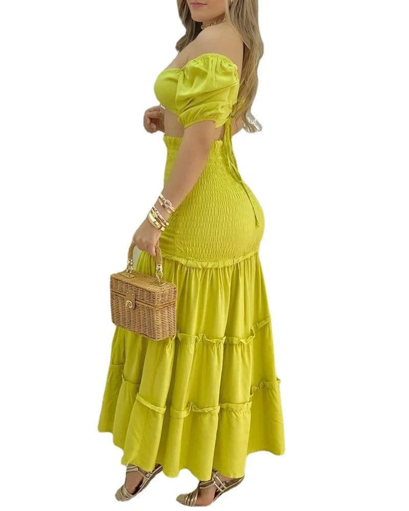 

2021 new summer skirt suit long skirt long sleeve high waist temperament commuter long solid color yellow long skirt in stock