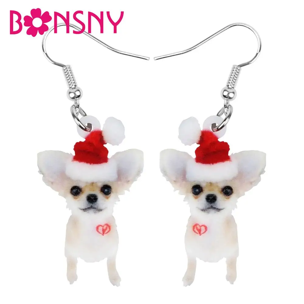 

Bonsny Acrylic Christmas Hat Chihuahua Dog Earrings Drop Dangle Animal Pets Jewelry For Women Girls Teens Party Gift Accessory