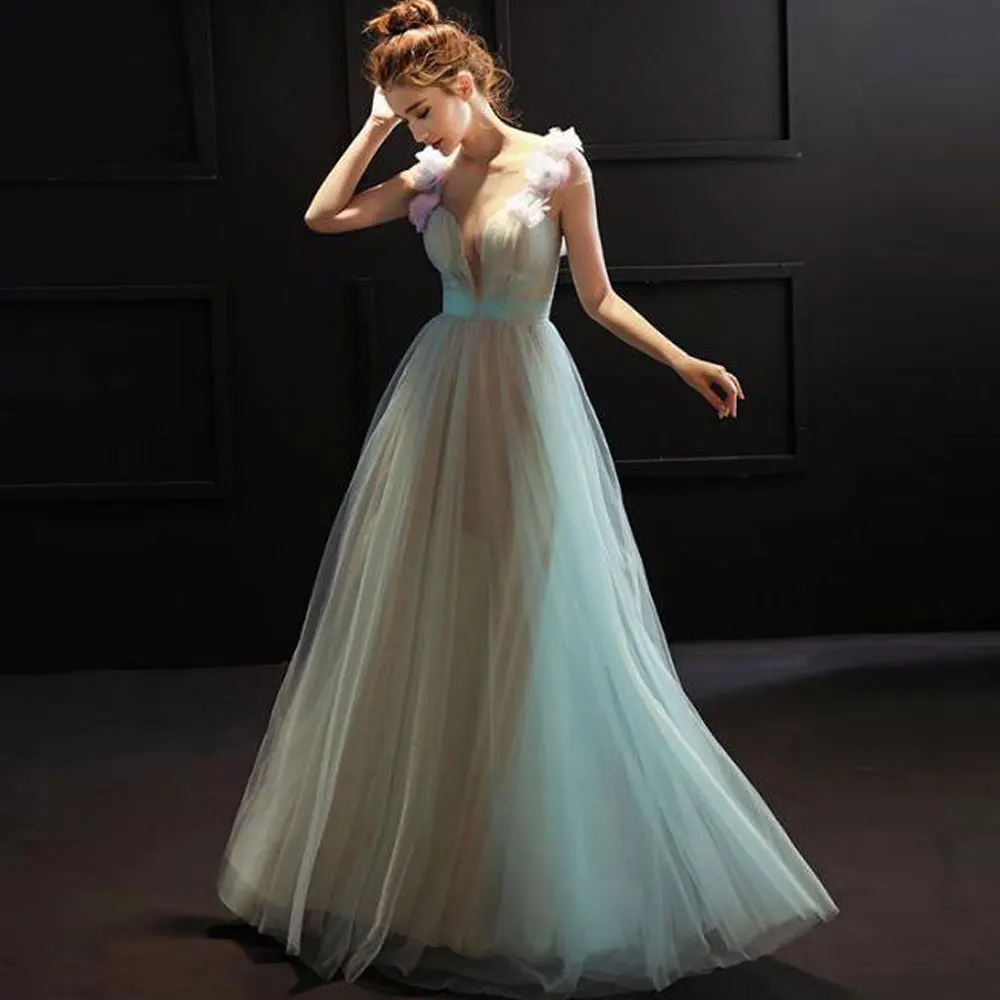 

Net/Tulle A-line V-Neck Floor length Zipper Sleeveless Handmade Flower Draped Evening Dresses high quality Fashion 2021