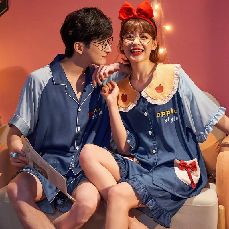 

New Arrival Couples Pajamas Women Men Silk Cool Sleepwear Pyjamas Korean Femme Nightgowns Cute Lovers Leisure wear 3XL