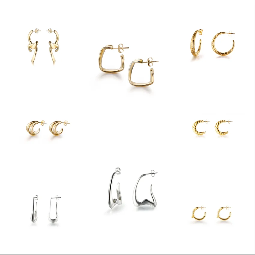 

8 Women's Earrings, U-shaped, Square, C-Shaped Three Rings, Charm, Gift, Party Stainless Steel Silver-Plated Jewelry, Simple