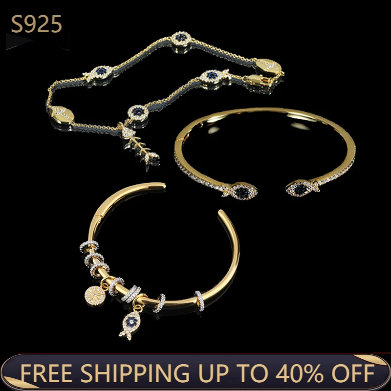 

925 Sterling Silver Small Fish Bone Fish Blue Zircon Monaco Jewelry Opening Bracelet Bracelets Women Valentine's Day Gift