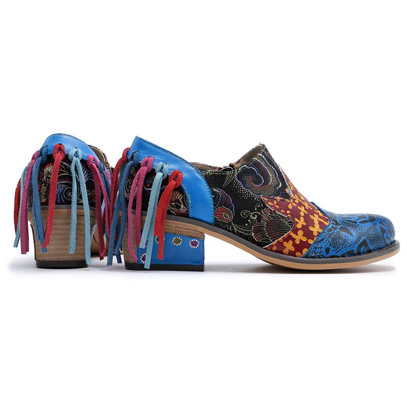 

ocofy Pointed Toe Retro Pumps Women Shoes 4cm High Heels Genuine Leather Splicing Printed Flower Zipper Chunky Heel Shoes Woman