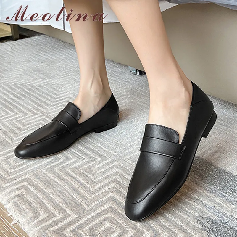 

Meotina Loafers Shoes Women Natural Genuine Leather Flats Round Toe Dress Flat Shoes Fashion Female Footwear Beige Big Size 40