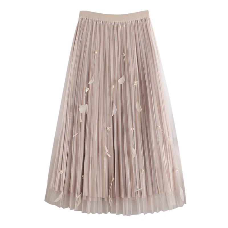 

Feathers Pleated Beaded Mesh Women Skirts Solid Knee-Length Elastic Office Lady Elegant Top Quality