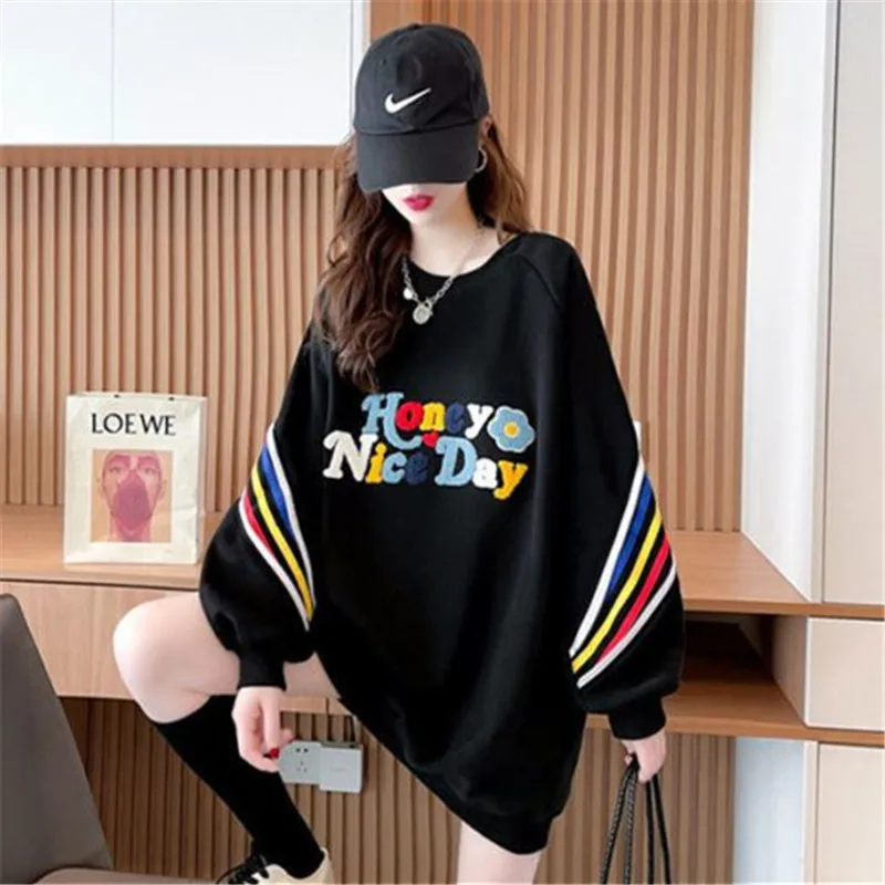 

Sweatshirt Women Spring Autumn New Stitching Rainbow Letters Round Neck Pullover Loose Thin Fashion Commuter Top Female ZM575