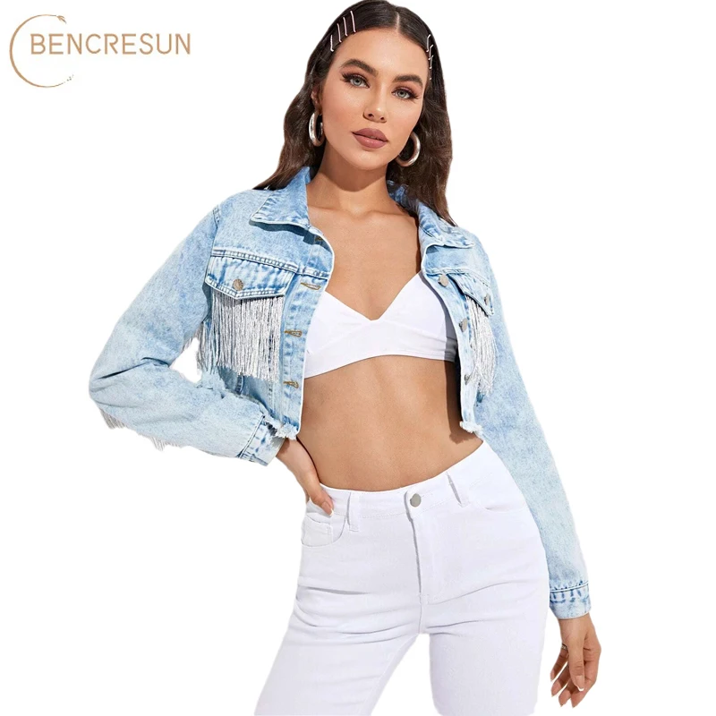 

Women's Short Denim Jacket Spring and Autumn Jacket Full Sleeve Fringed Single Breasted Pocket Slim Casual Lapel Solid Coat