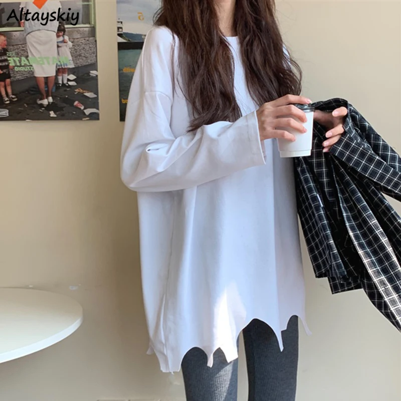 

Женские Простые футболки с круглым вырезом, однотонные Асимметричные дизайнерские топы с дырками, Свободные повседневные майки с длинным р...