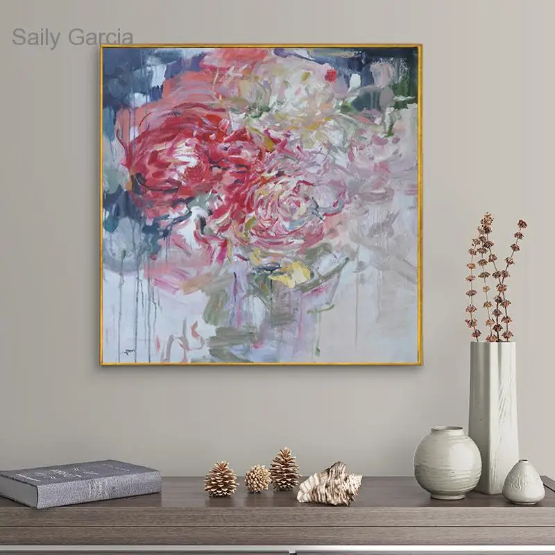 

Oil Painting Mordern Red White Flowers Canvas Wall Art Modular Decor Print Posters for Living Room Home Frameless Artwork
