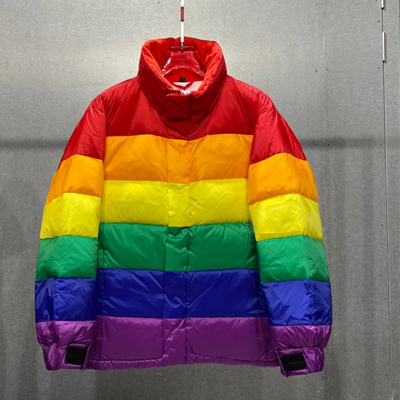 

Winter Warm Down Jacket Thicken Women Parkas Rainbow Spliced Winter Coat Loose Women Cotton Jackets Streetwear Outerwear