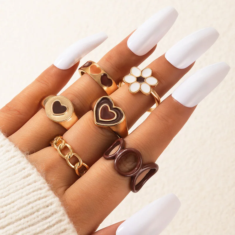 

Vintage Dripping Oil Love Heart Flower Set Of Rings For Women Fashion Hollowad Brown Justable Finger Ring Jewelry Gift New