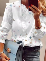 2021 summer top plus size butterfly printed v neck long sleeve casual top fashion ladies white t shirt
