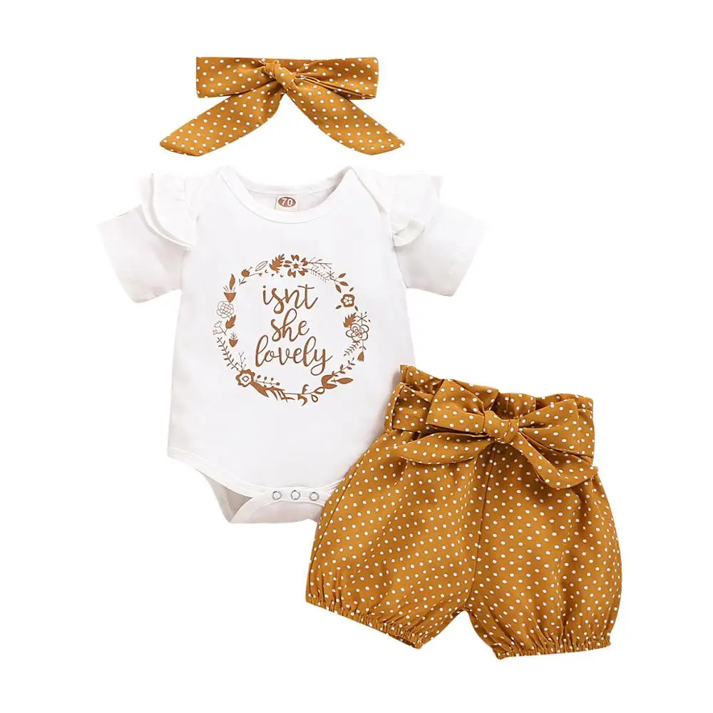 

New Summer Baby Newborn Letter Print Romper Bodysuit+Dot Pants+Headband Outfits 3-18 Months Girl Clothing