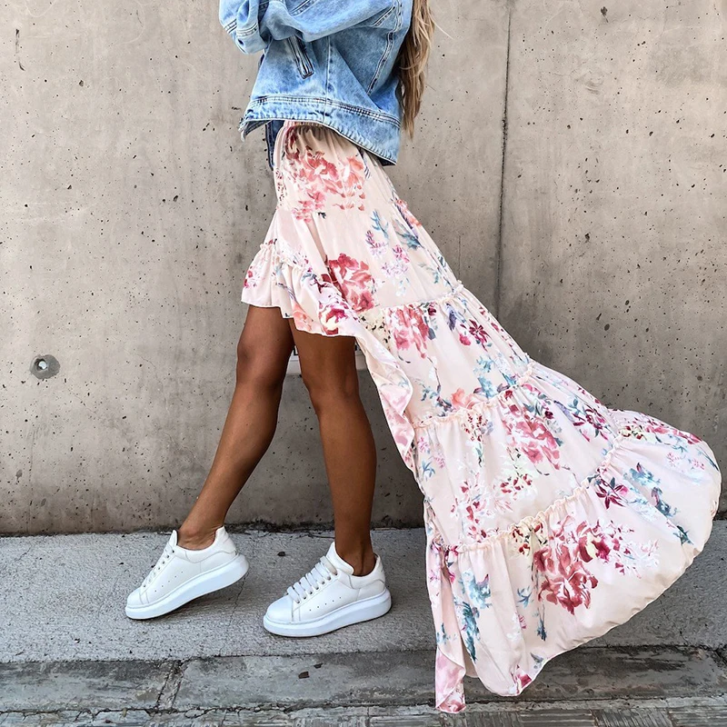

2021 Boho Style Skirts Women Irregular Maxi Skirt Floral Sexy Summer Ladies Skirts Beach Bohemian Fashion Women Skirts