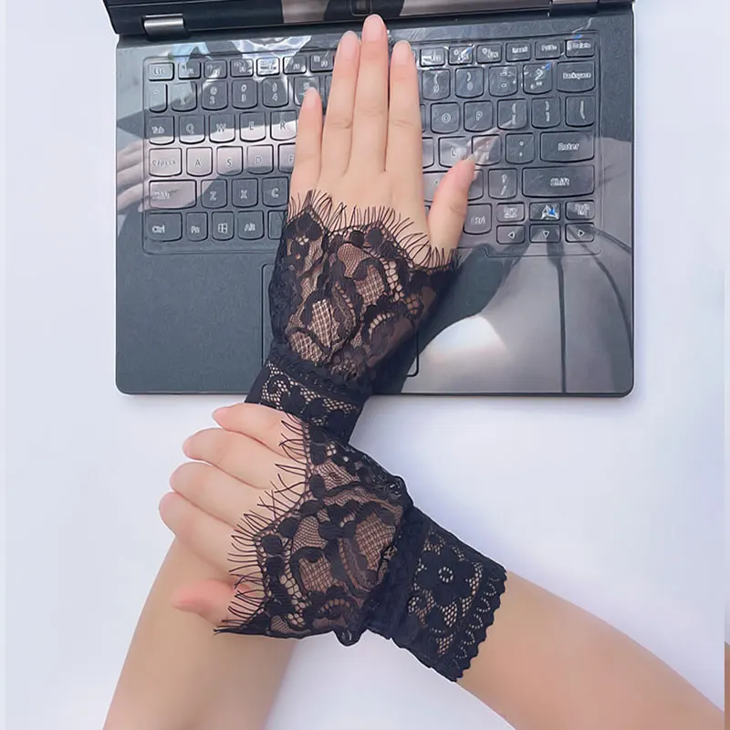 

Female Sweater Fake Sleeves Hollow Out Crochet Floral Lace Horn Cuffs Embroidery Flounces Ruffles Elastic Wrist Warmers Clothes