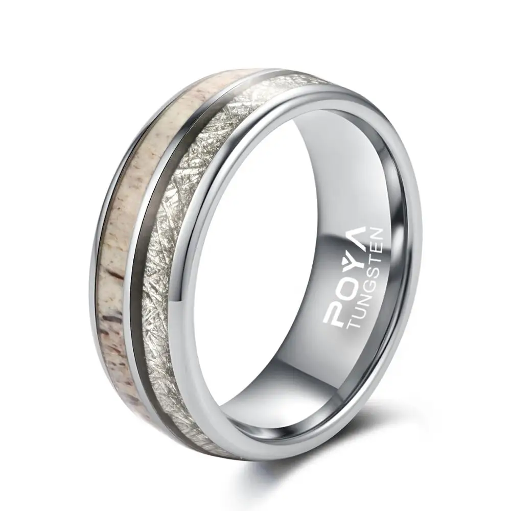 

POYA Tungsten Rings for Men Women Wedding Bands Deer Antler Meteorite Inlay Comfort Fit