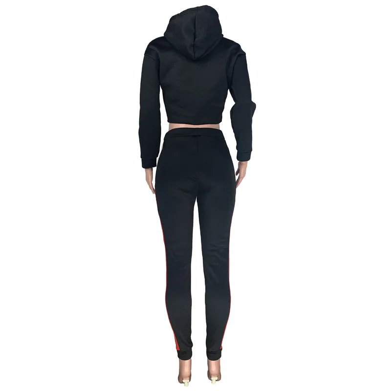 

Stripes Fitness Two Piece Sets Women Clothes Hooded Full Sleeve Crop Tshirt and High Waist Skinny Trousers Autumn Winter Set