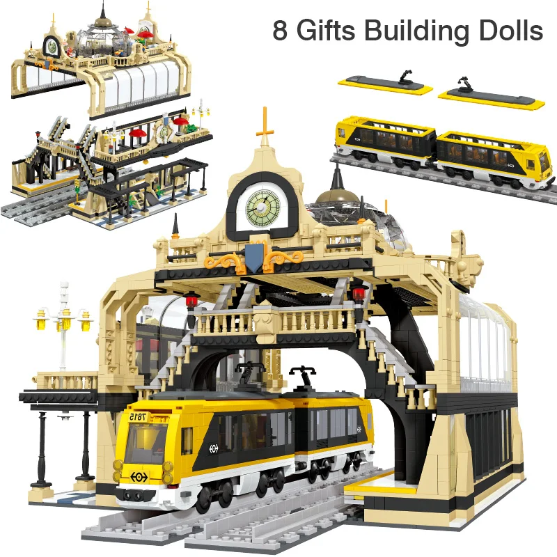 

3950pcs European Railway Train Station Building Blocks Techniced Architecture Assembled Bricks Birthday Gifts Toys for Boys Kids