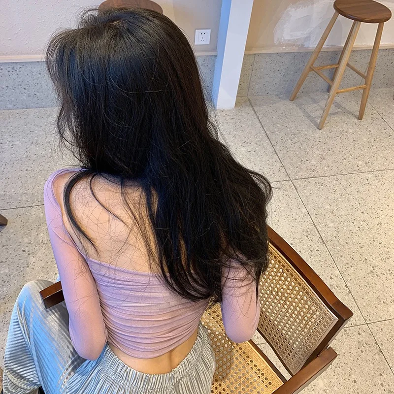 

Short design sense thin mesh gauze top female flower butterfly decoration long-sleeved top sexy glamorous hanging neck top