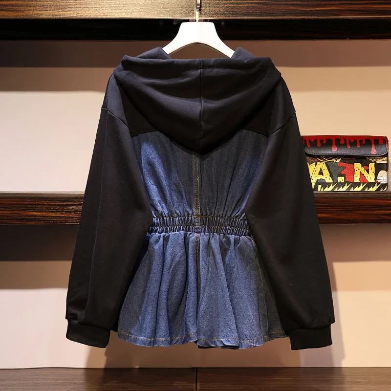 Женская джинсовая Толстовка составного кроя с капюшоном и поясом на