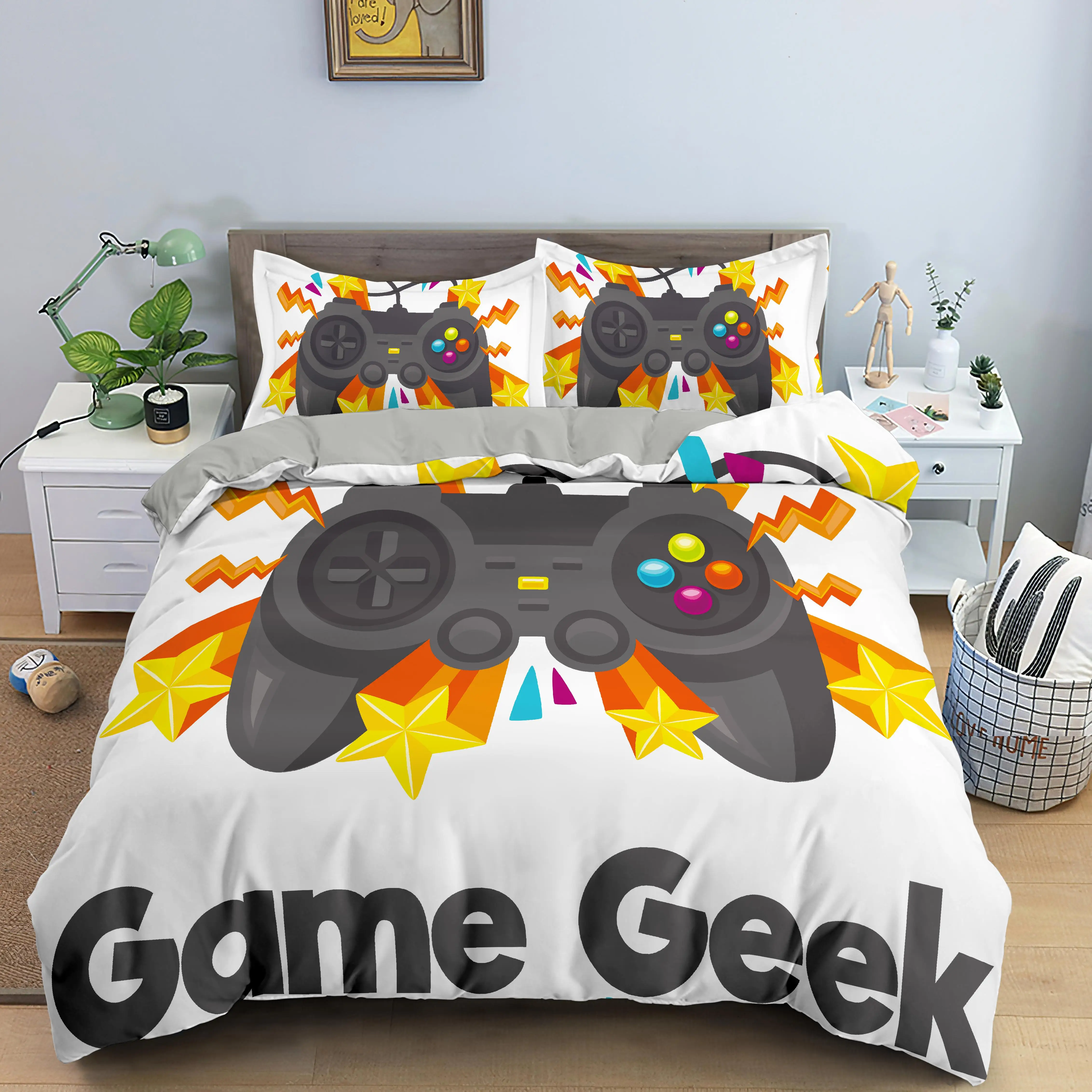 Bedding Set Colourfull Gaming Logo with Star Duvet Cover Bed Linen Home Textile Bedclothes Soft Bed Set Queen/King Size for Kid