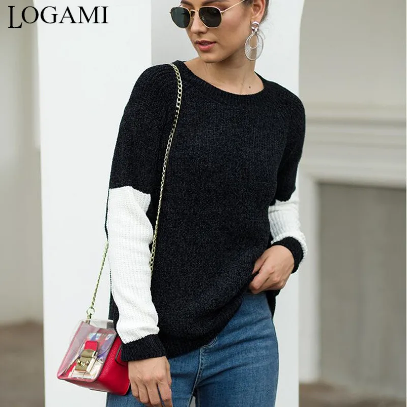 

LOGAMI O Neck Patchwork Long Sleeve Woman Sweater Autumn and Winter 2019 New Fashion Female Sweater