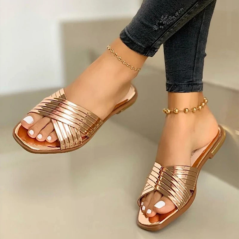 

Ladies Slippers Beach Shoes Women Slip On Bling Gold Flat Slides Outdoor Comfort Slipper Female Home Casual Sandals Plus Size
