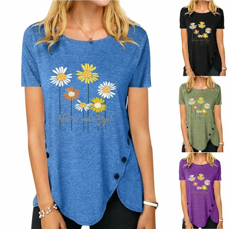 

Women Shirts Short Sleeve Sunflowers Floral Print T Shirt Ladies Summer Tunic Tops Female TShirts