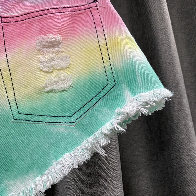 

Korean Style Rainbow Gradient Color Denim Shorts Women Summer 2021 New Loose Wide Leg Hot Pants Contrast Color Shorts