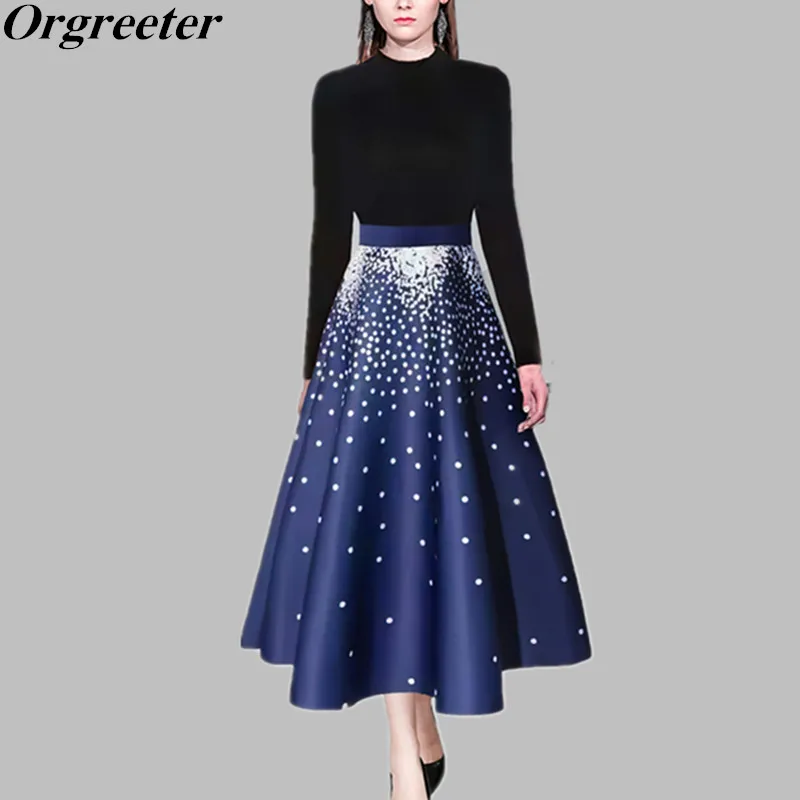 

Autumn Winter New Catwalk Fashion Slim Bottoming Sweater + High Waist Big Swing Polka Dot Print Long Maxi Skirt 2 Piece Sets