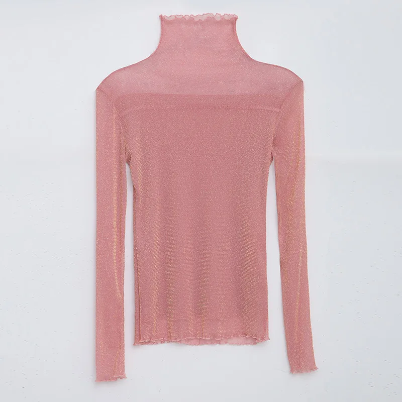 2019 Осенняя деревянная половина Высокий воротник из одноцветной сетчатой ткани