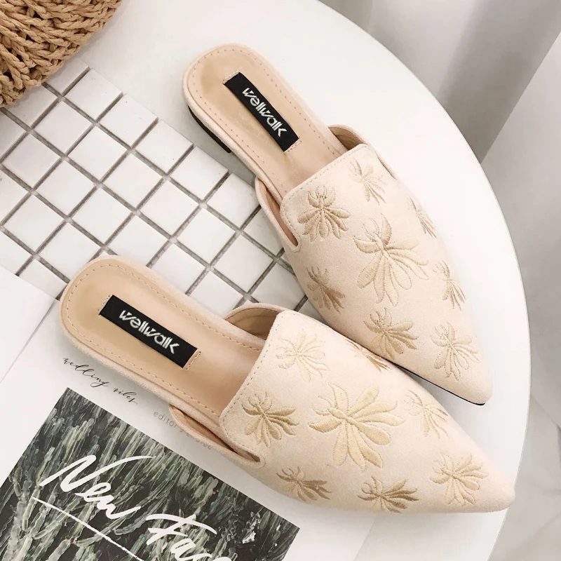 Женские туфли без задника с вышитыми пчелками Шлепанцы на плоской подошве