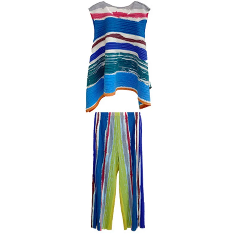 

Miyake pleated suit 2021 summer new pleated top + nine-point pants printing two-piece wide fashionable loose comfortable women's