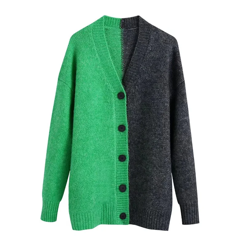 

TRAF Women 2021 Fashion Ribbed Hem Stitching Knitted Sweater Retro Long-Sleeved V-Neck Cardigan Outerwear Streetwear