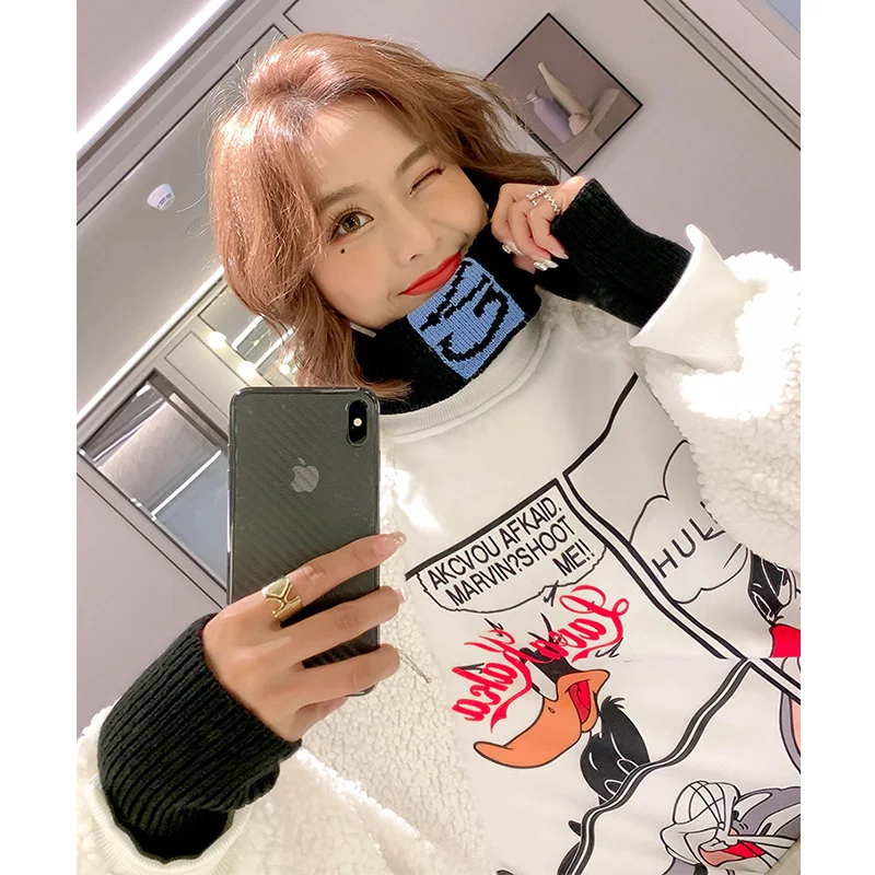 2019 зимние модные толстовки с мультяшным принтом бархатные женские высоким