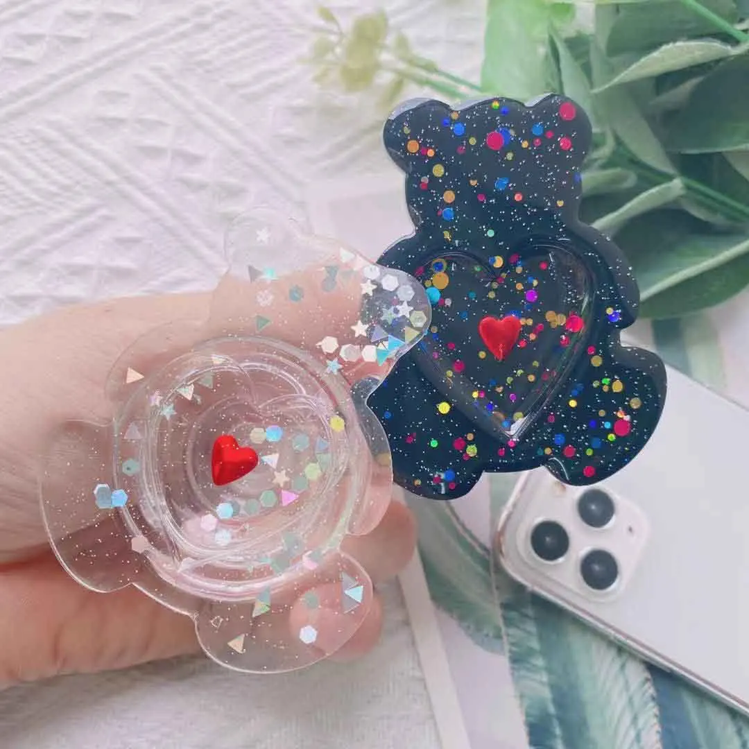 

Epoxy Hollow Love Heart Bear Shape Air Bag Foldable Mobile Phone Holder Cellphone Accessories Socket Phone Grip For ipad Stand