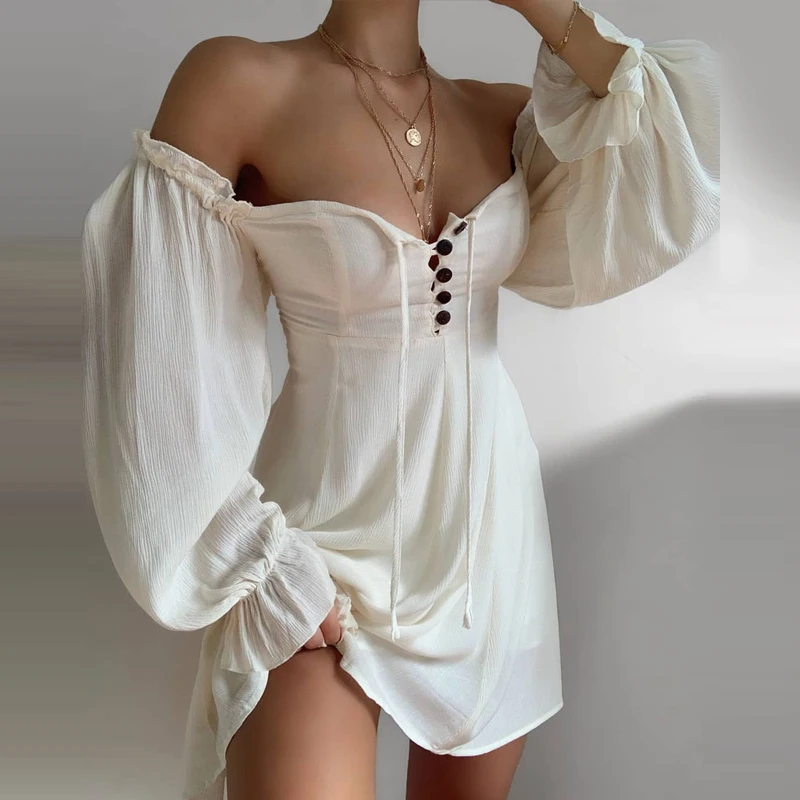 

New Off Shoulder Button Design Lantern Sleeve Dress