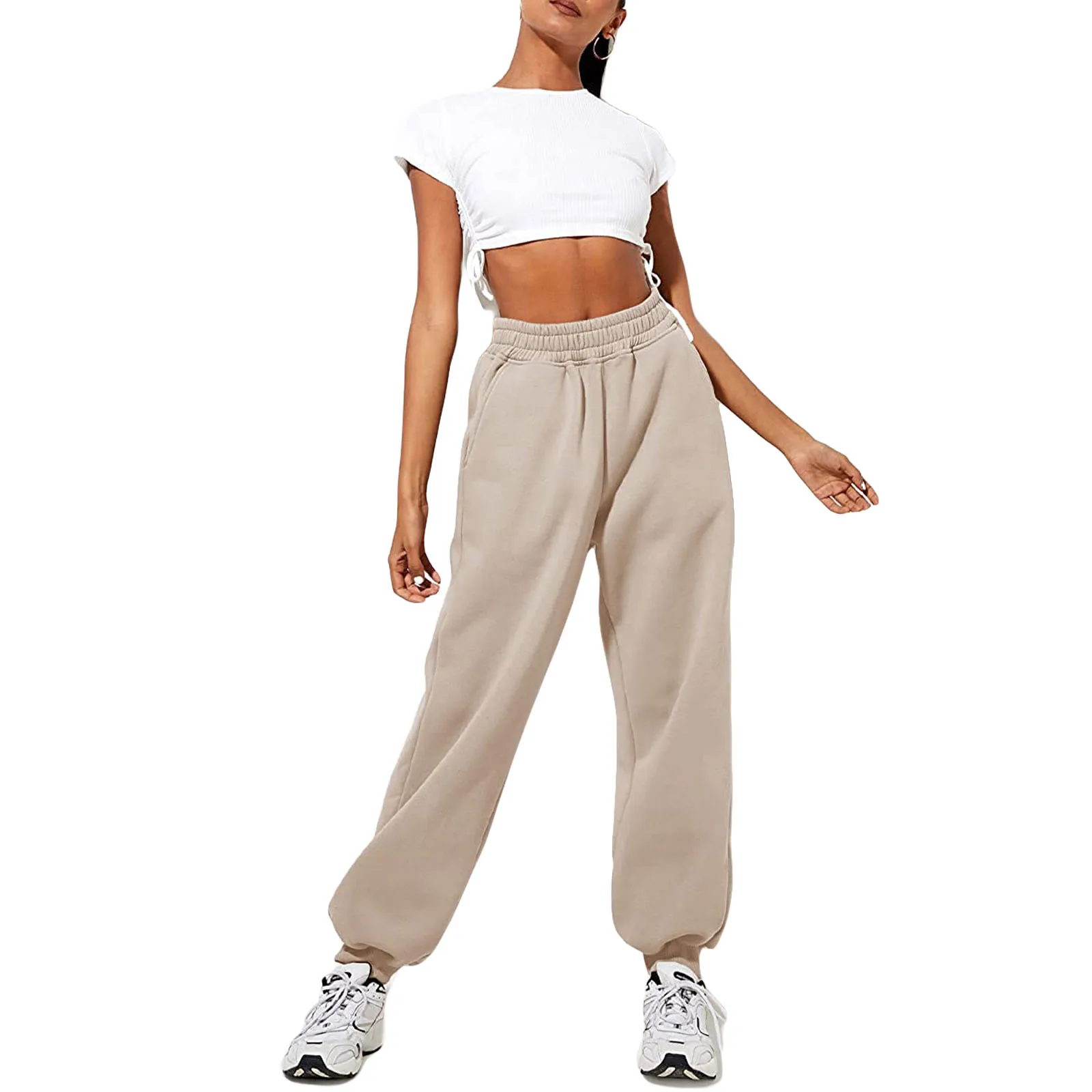 

New Style Women Commuting Leisure Sports Cotton Warm Style Beam Feet Pants, Elastic High Waist Solid Color Casual Sweatpants