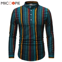 mandarin collar shirt for men linen patchwork striped print mens formal shirts spring comfy long sleeve camisa social masculina