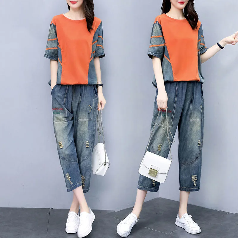 

Single/Set Women Denim Suit Thin Section 2022 Summer New Fashion Jeans Two Piece Female Short-Sleeved Top Ladies L749