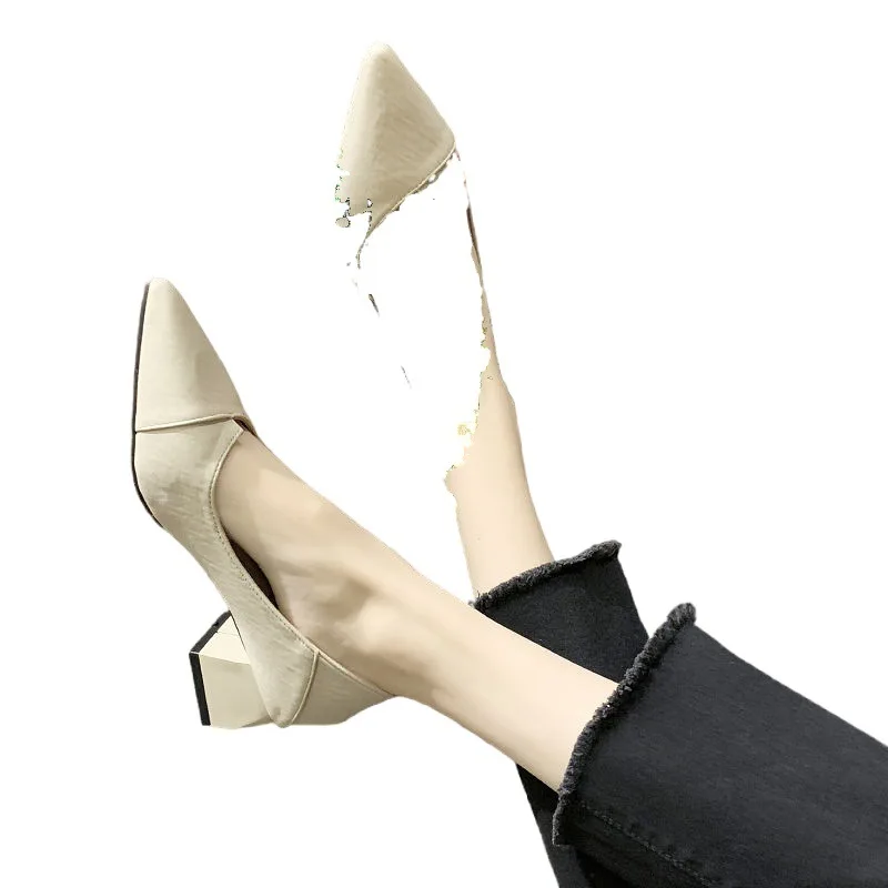 

Pointed Leather 2021 New Versatile Spring and Autumn Black Low-Cut High Heel Professional Women's Mid-Heel Shoes. Casual Shoes