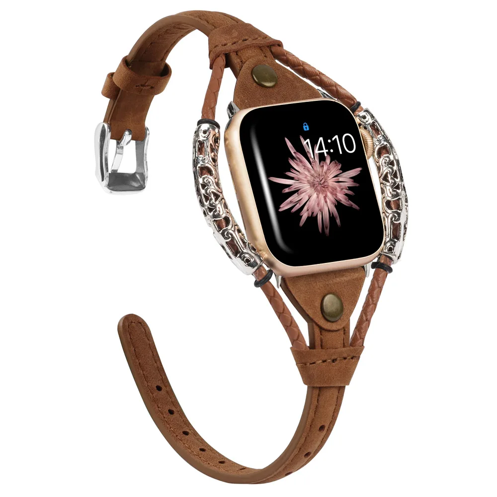 DBrown Винтажный кожаный ремешок для Apple Watch Band женский твист полоса ремешок заклепки с металлической веревкой браслет нарядный стильный iwatch серия - Цвет ремешка: DBrown