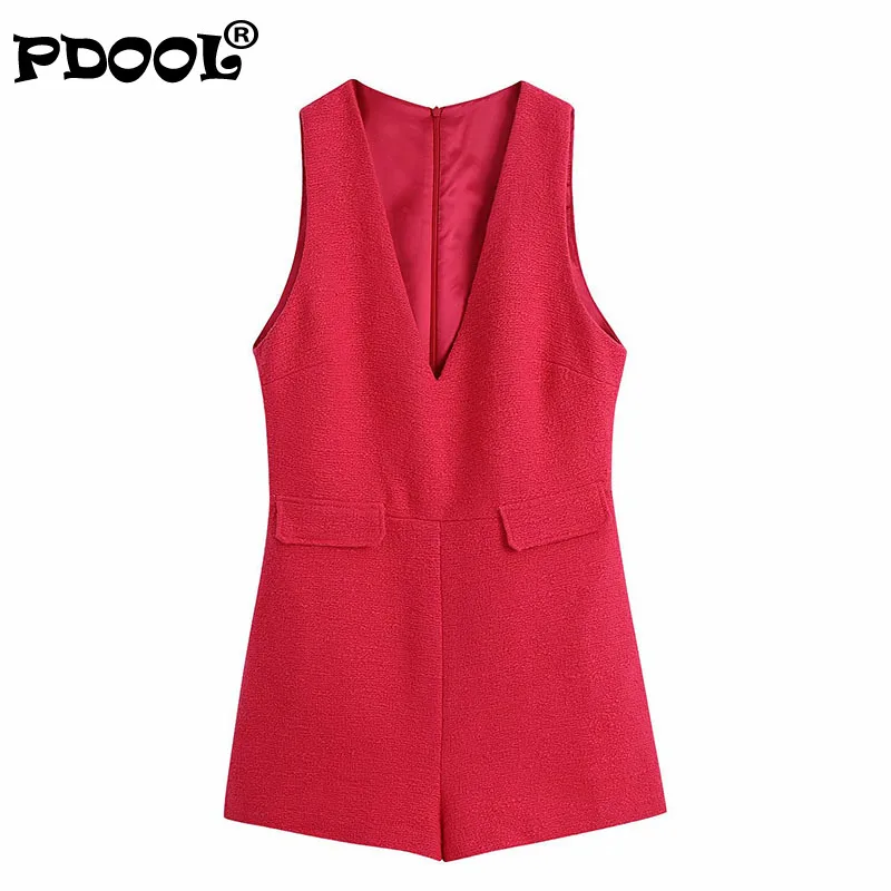 

Women 2021 Fashion With False Flap Pockets Tweed Playsuits Vintage V Neck Sleeveless Back Zipper Female Jumpsuits Mujer