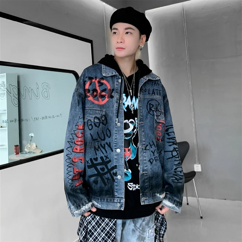 

Hip Hop Street Hipster Splash Ink Ripped Denim Jacket Fashion Men's Loose Outwear Inkjet Devil Print Cowboy Coats Couple Jackets