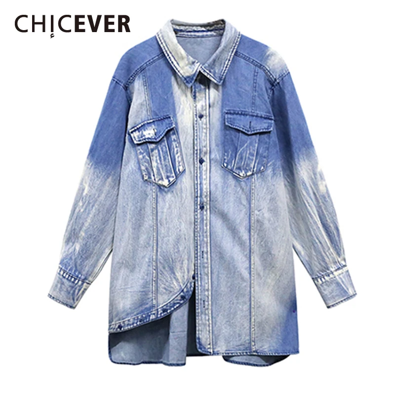 

CHICEVER Blue Tie Dye Denim Shirts For Women Lapel Long Sleeve Loose Hit Color Oversized Blouses Female 2021 Spring Clothes Tide